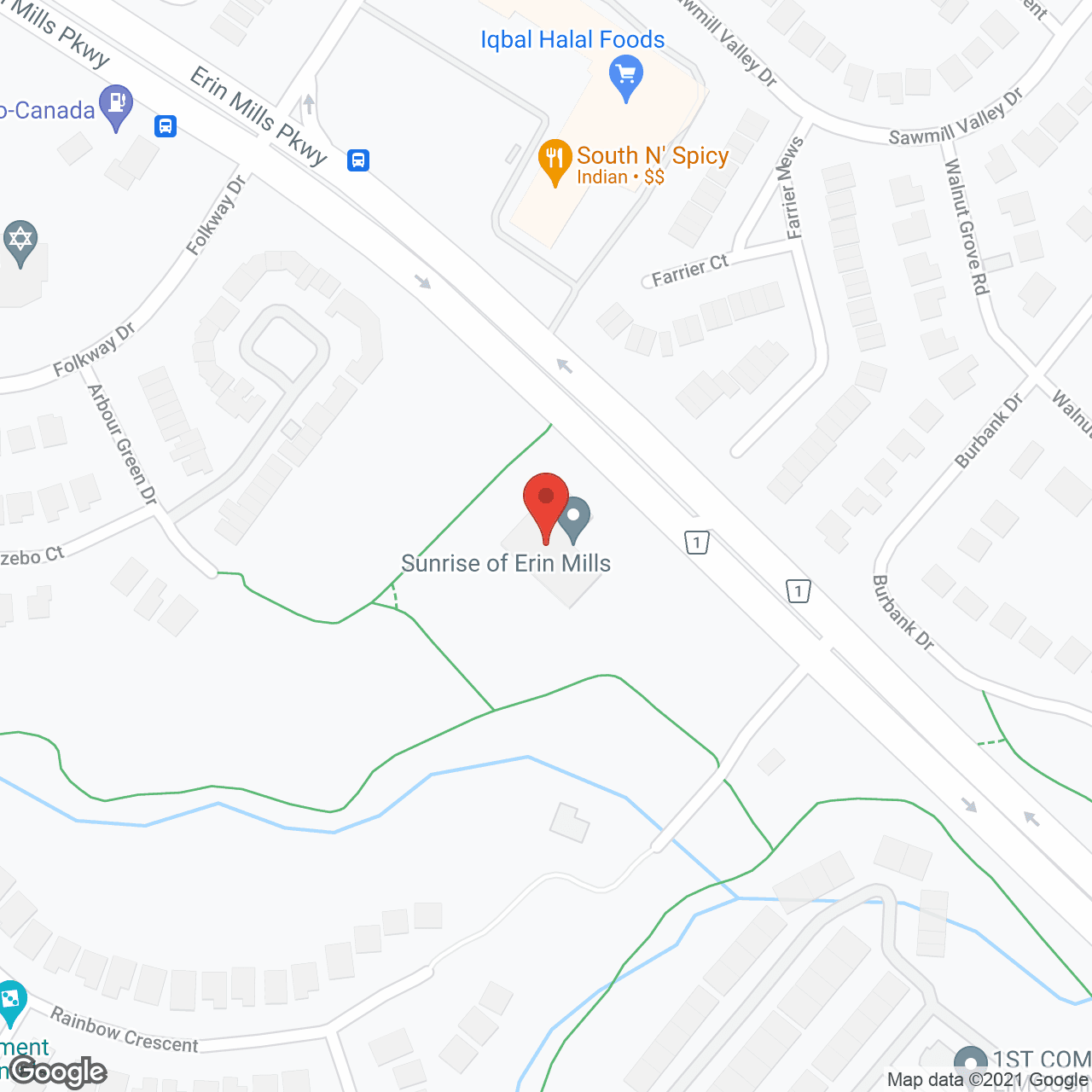 Sunrise of Erin Mills in google map